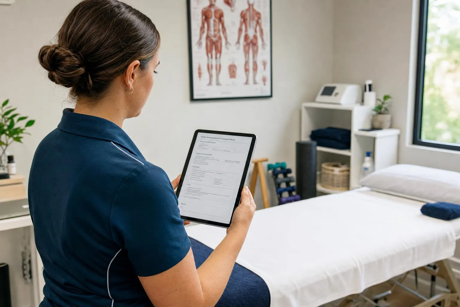 A remedial massage therapist reviewing clinical case notes on a tablet in a professional treatment room