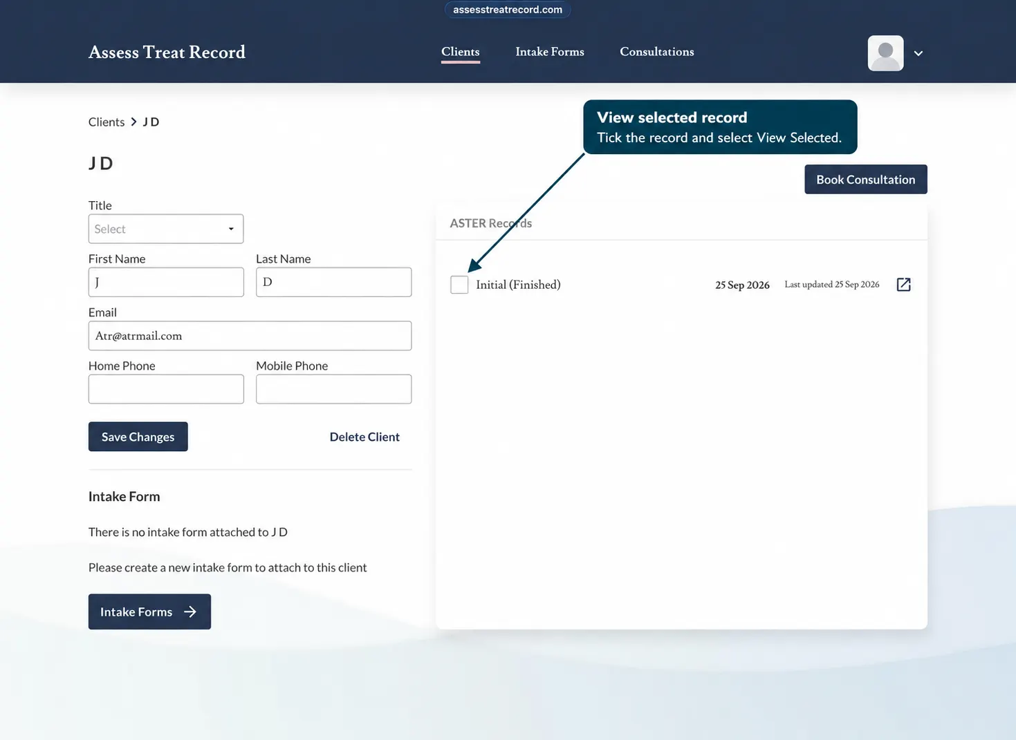 Screenshot of the Clients area with a client record selected