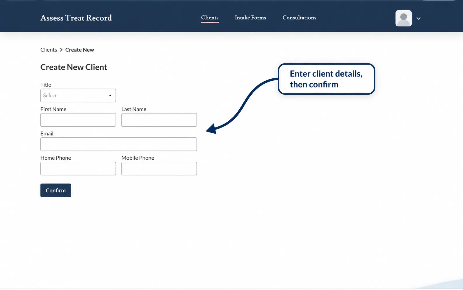 Screenshot of the Create New Client form
