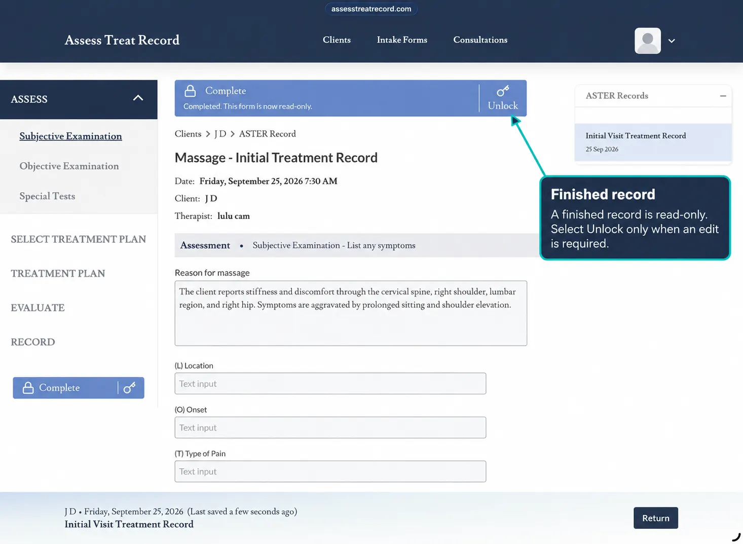 Screenshot confirming the correct client record and consultation are open