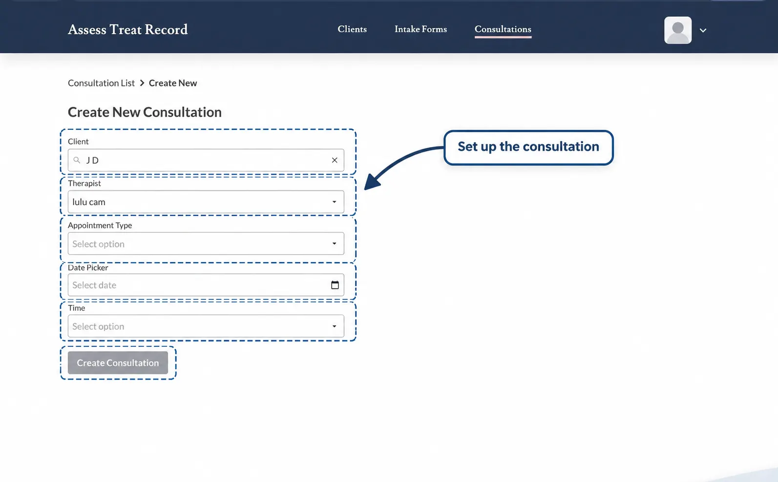 Screenshot showing how to start a new consultation