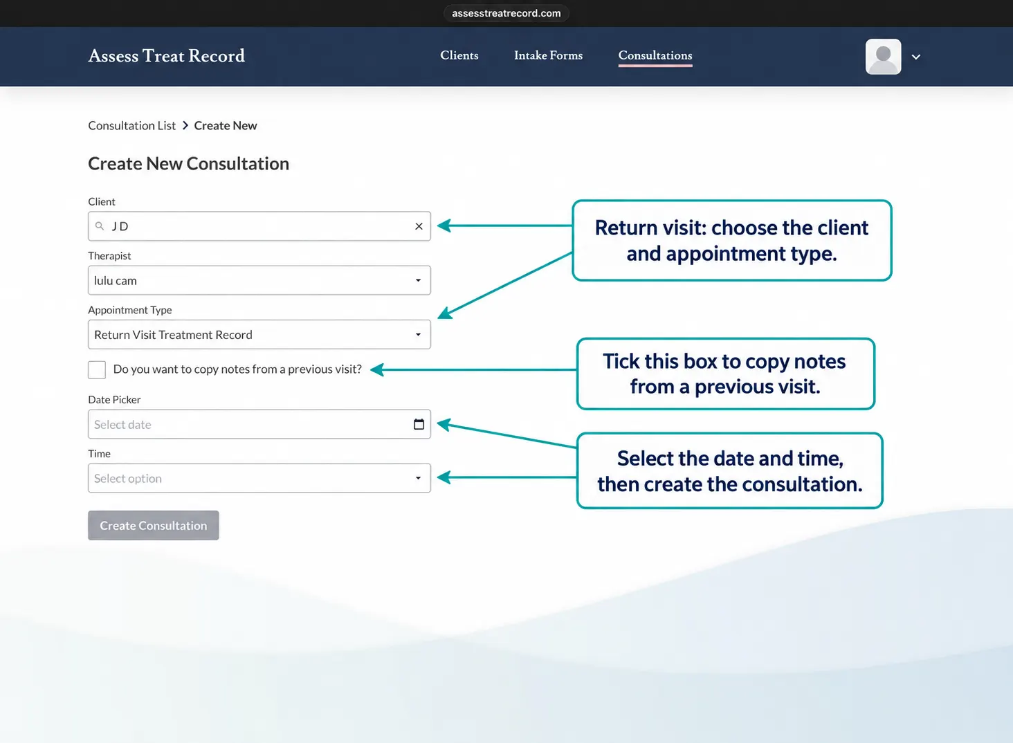 Screenshot of starting a new consultation from a client record