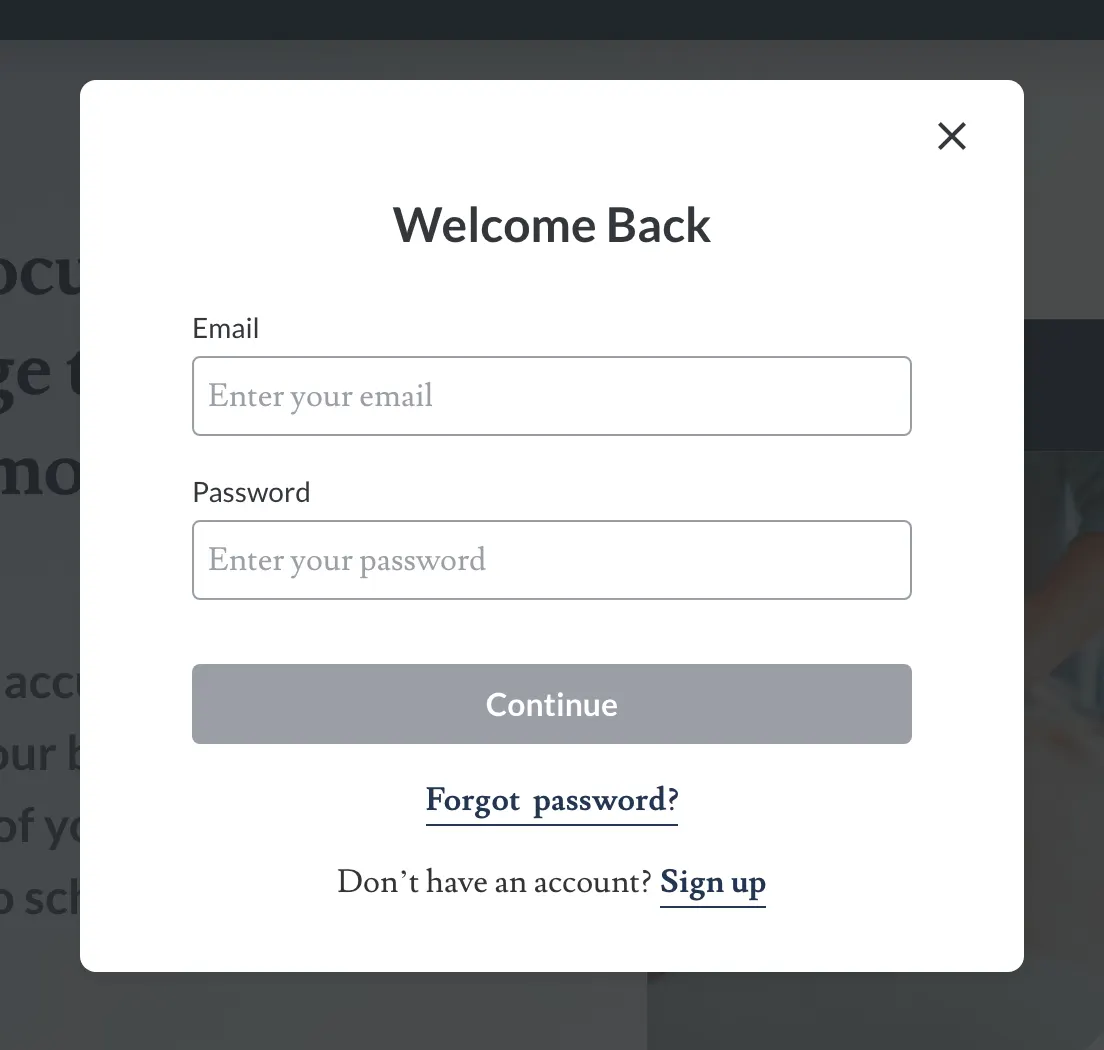 Screenshot of the Welcome Back login form with the Forgot password? link below the Continue button