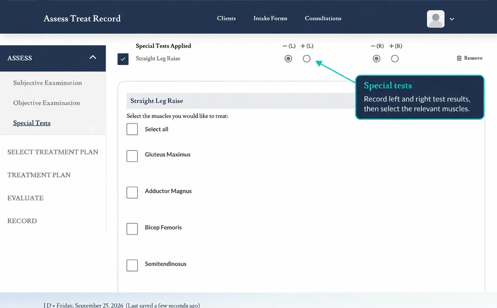 Screenshot showing a special test result with the muscles to select beneath it