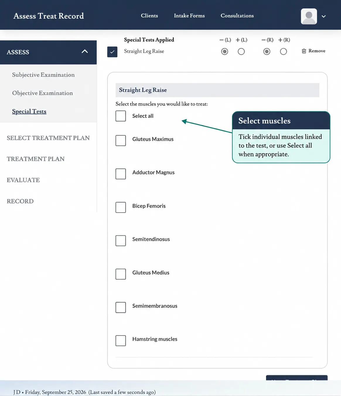 Screenshot showing the muscle list for the selected test