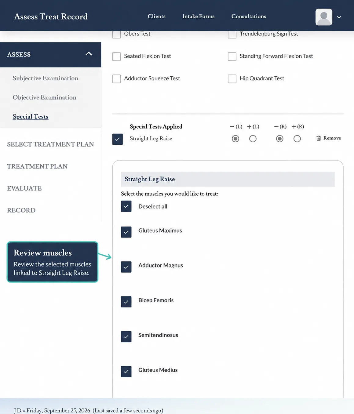 Screenshot showing the selected muscles reviewed