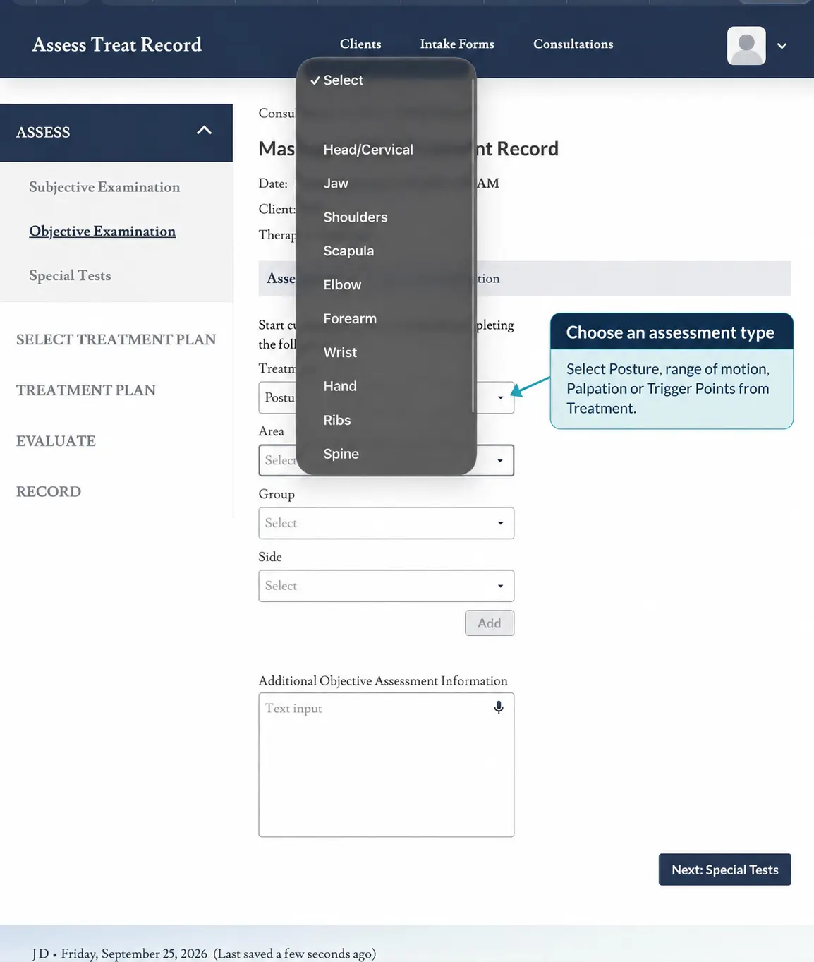 Screenshot showing the Area dropdown open