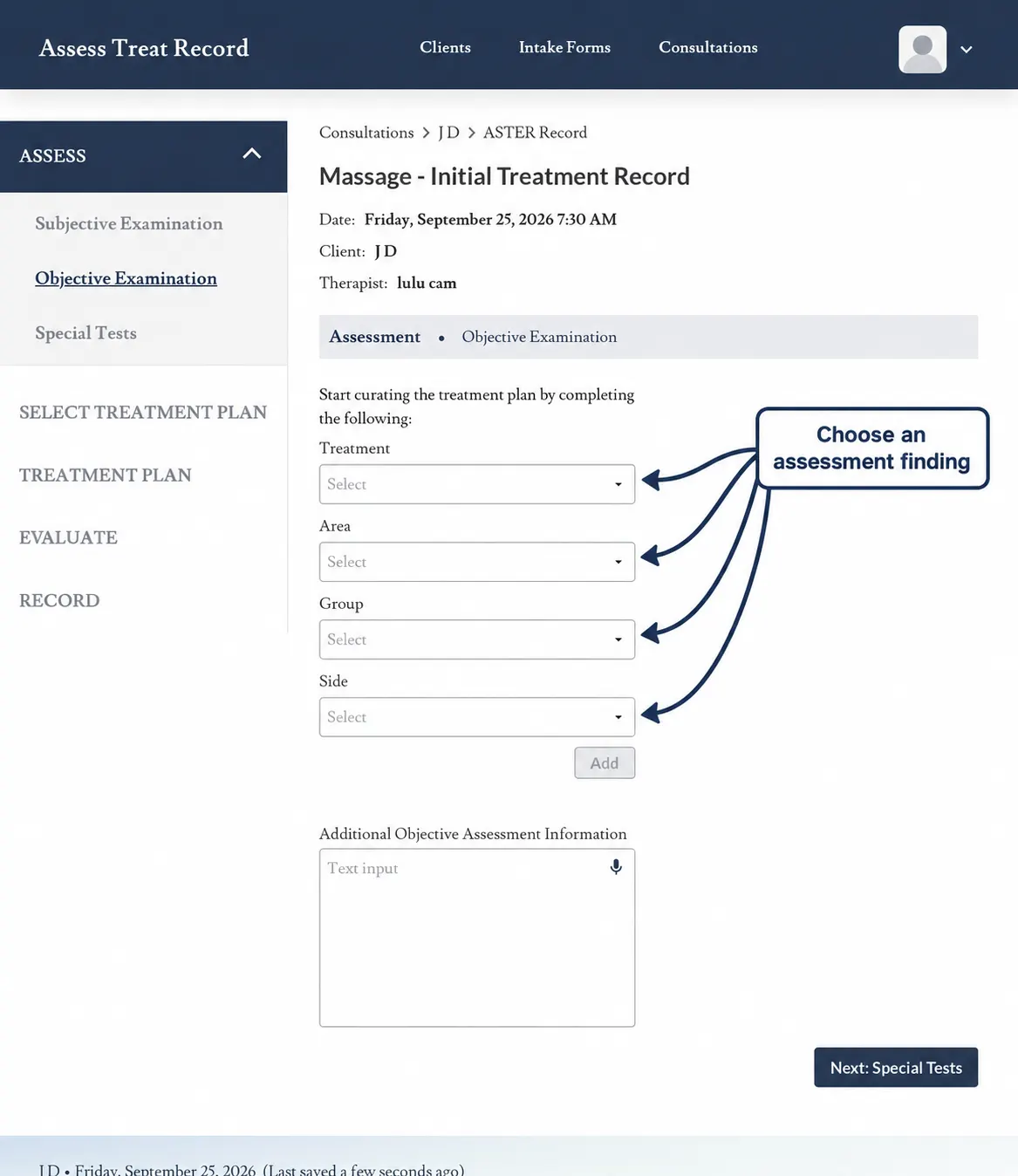 Screenshot showing how to open Objective Examination