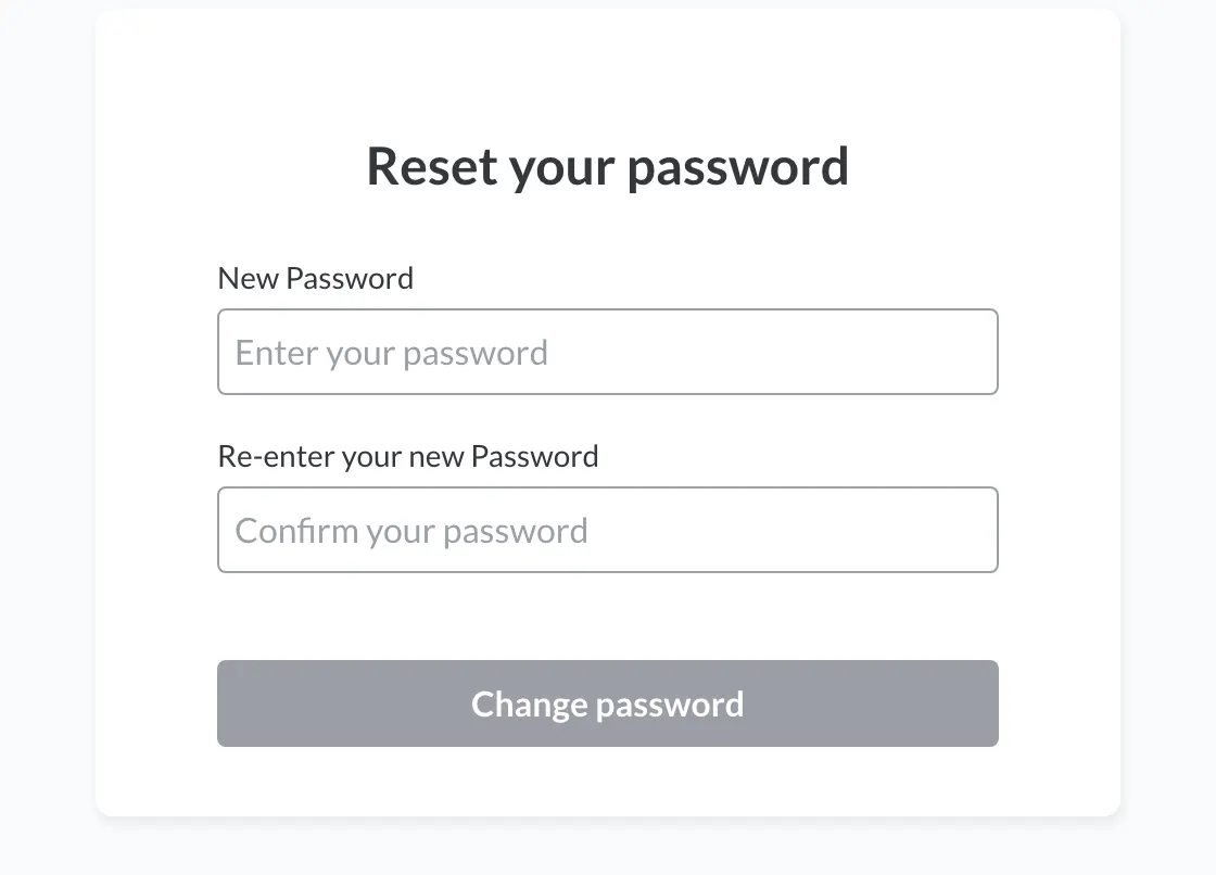 Screenshot of the Reset your password page: New Password, Re-enter your new Password and the Change password button
