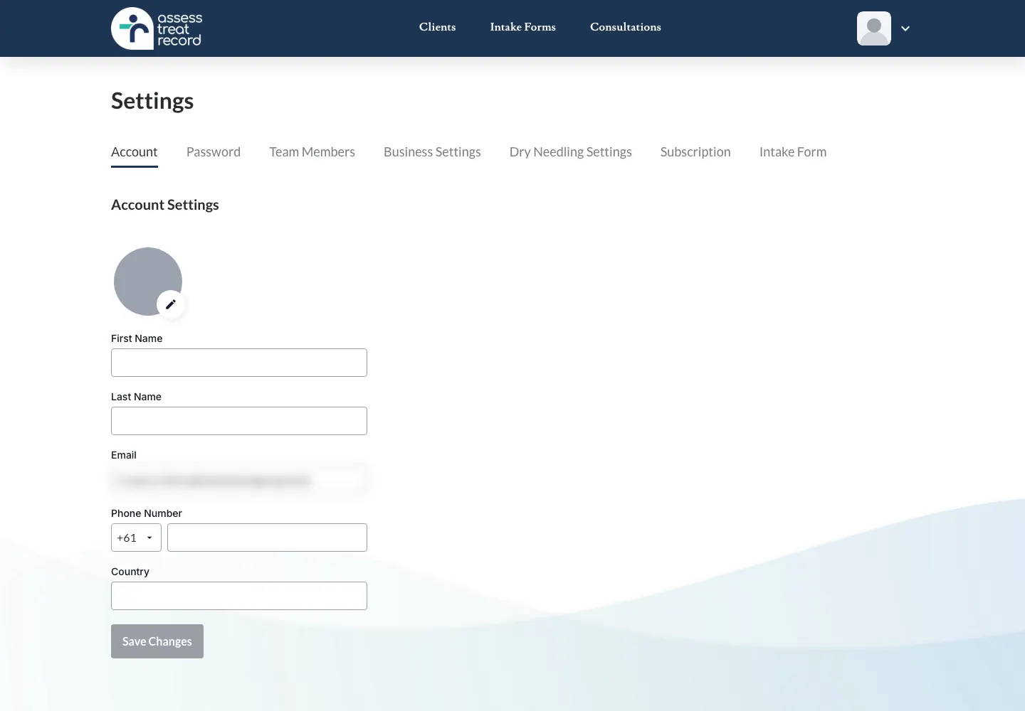 Screenshot of the Settings page on the Account tab: profile image, First Name, Last Name, Email, Phone Number, Country and the Save Changes button