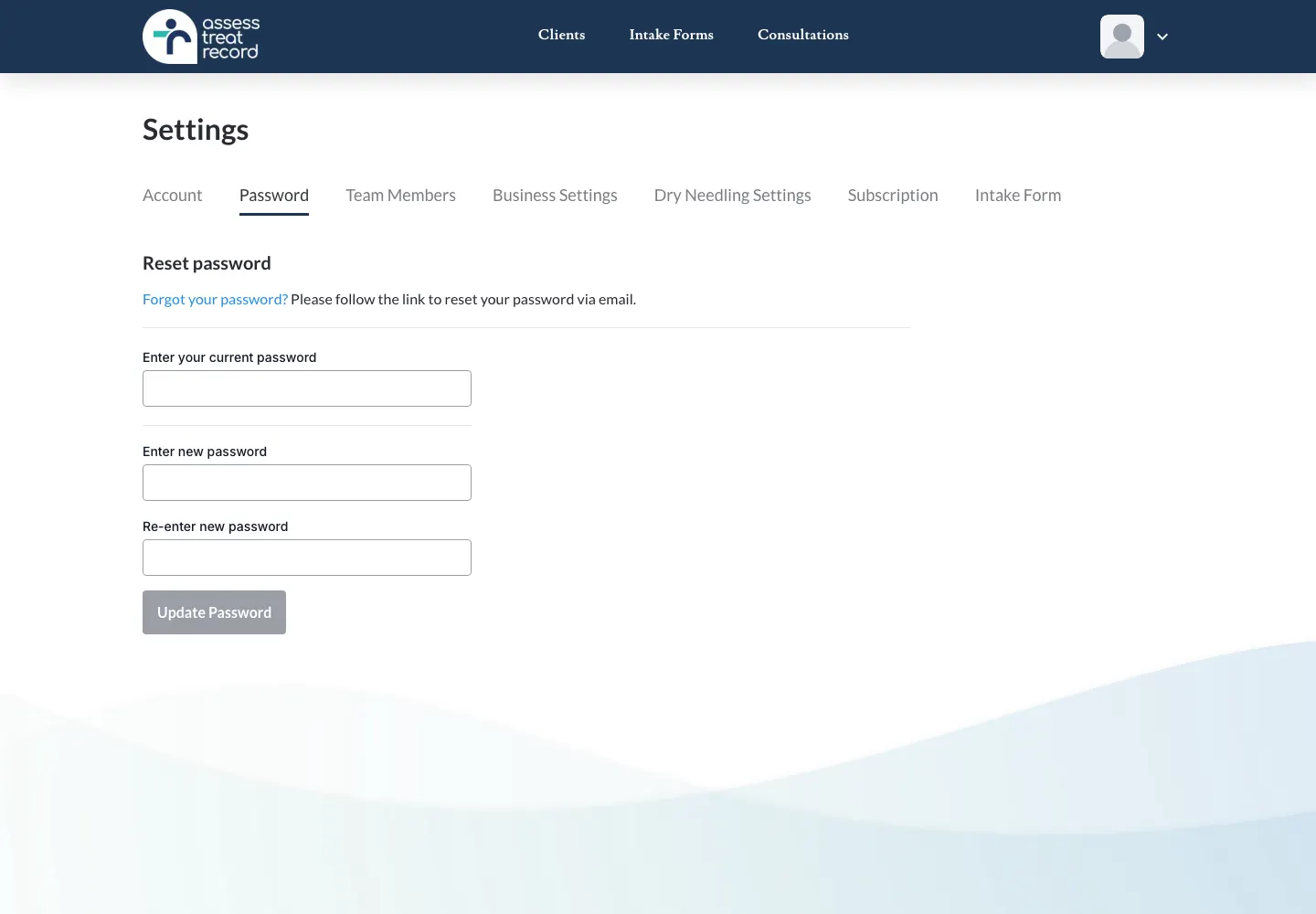 Screenshot of the Settings page on the Password tab: current password, new password, re-enter new password, the Update Password button and the Forgot your password? link