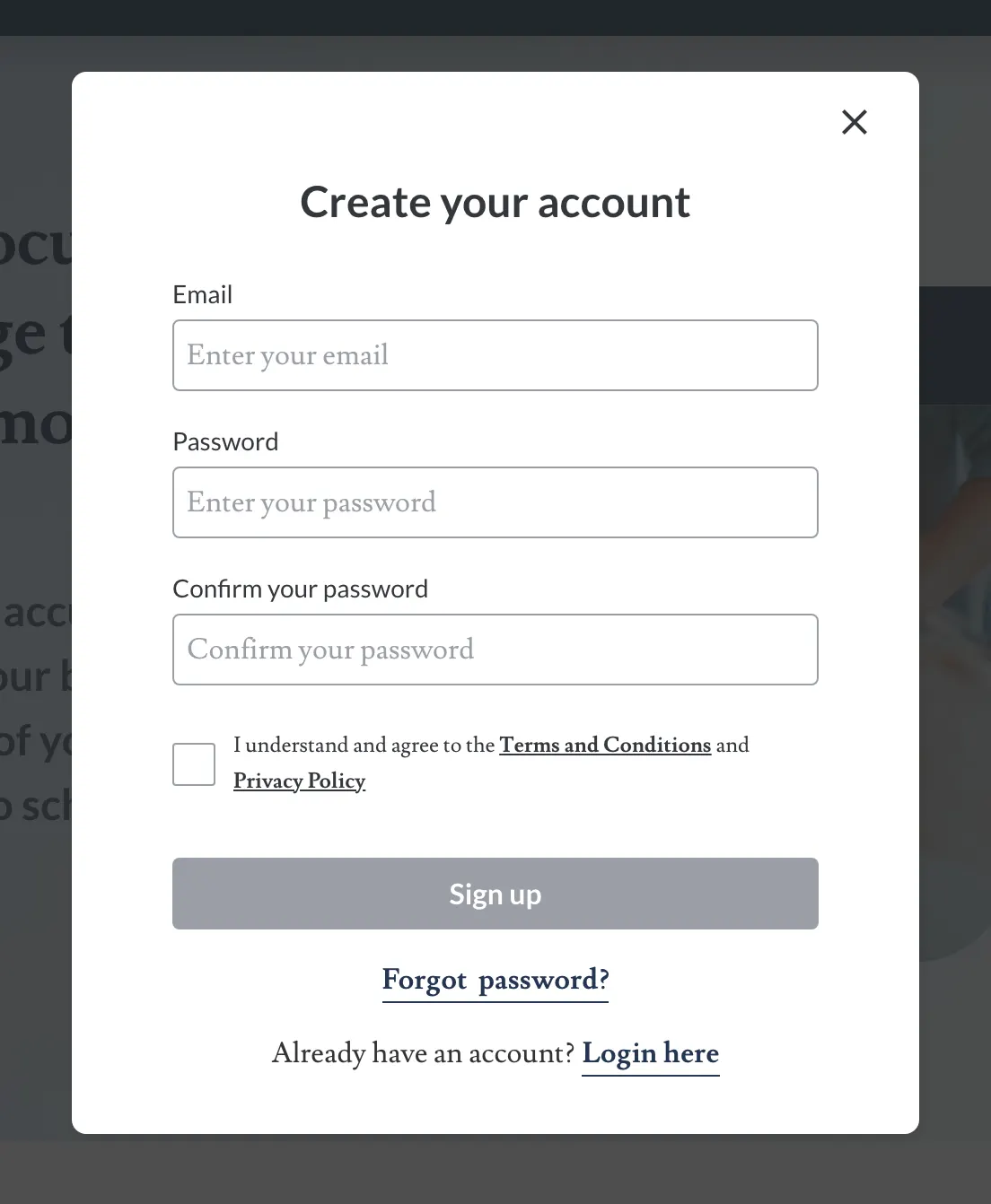 Screenshot of the Create your account form: Email, Password, Confirm your password, the terms checkbox and the Sign up button