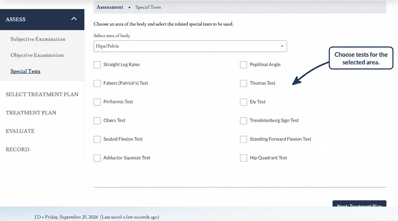Screenshot showing selection of relevant special test