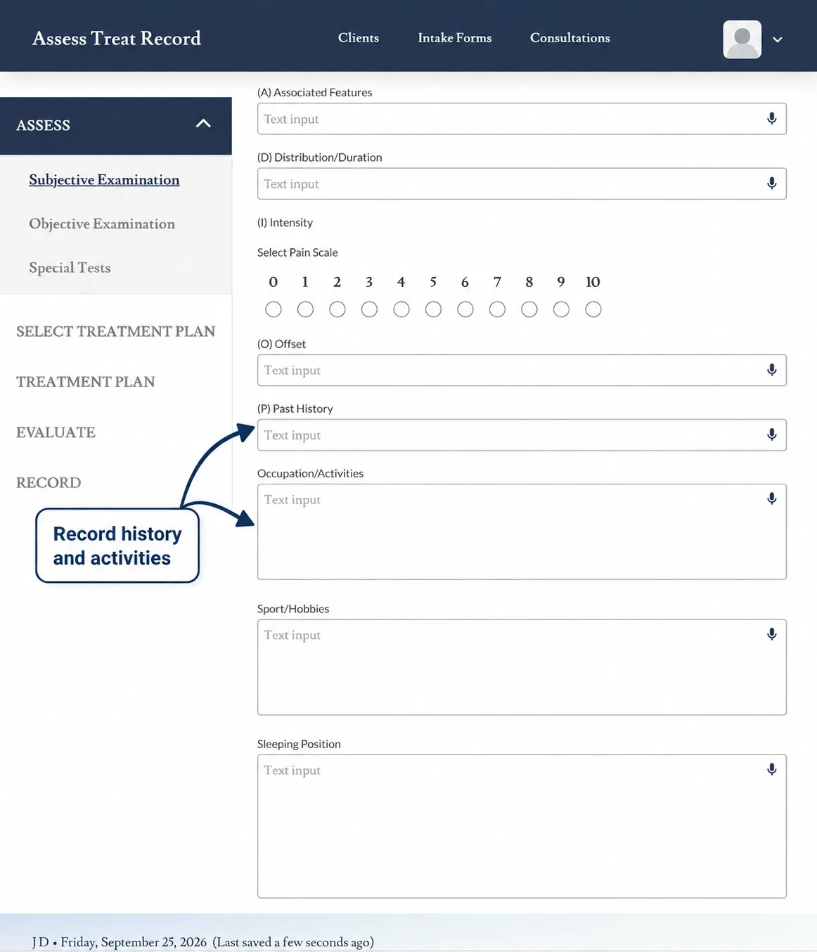 Screenshot showing the history, occupation and activities fields