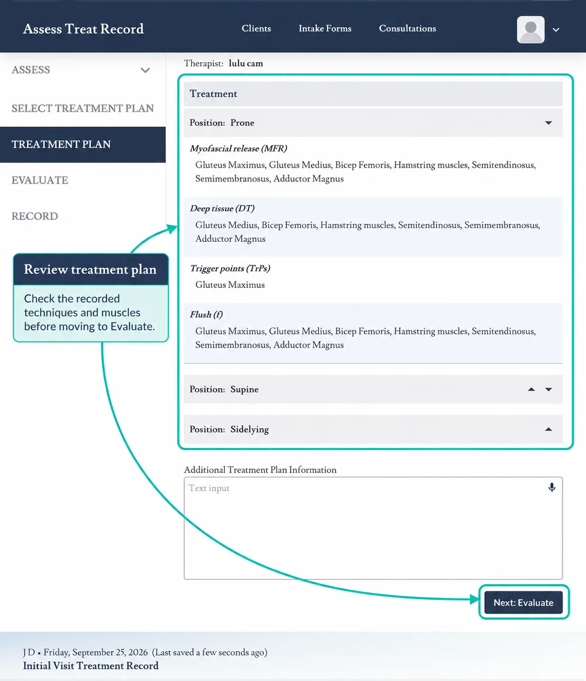 Screenshot showing the complete treatment plan before moving to Evaluate